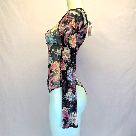Rue21 Black Sheer Long Sleeve Dragon Print Mesh One-Piece Bodysuit (1-xs & 1-s) - Picture 3 of 13